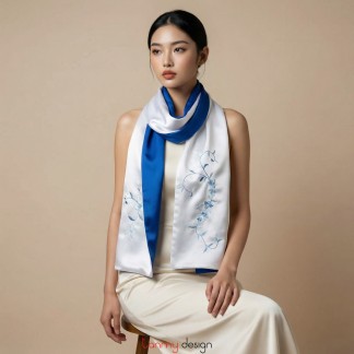 Blue silk scarf hand-embroidered with flower and leaves 25*200 cm